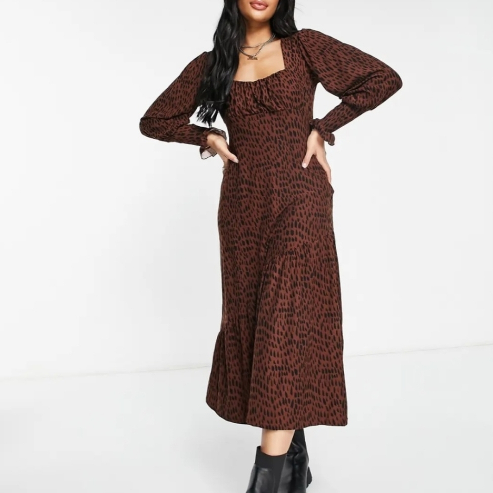 QED London Soft Ruched Front Midi Dress In Brown Animal Print